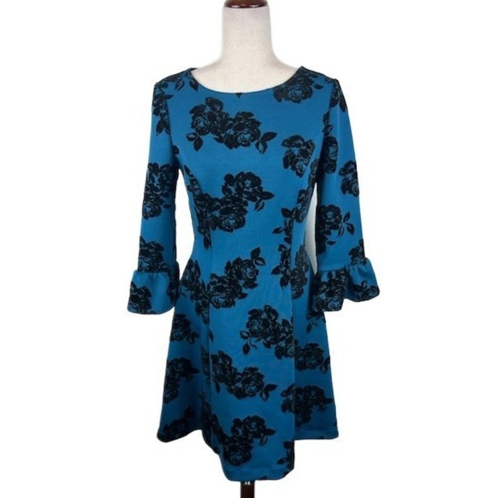 Jessica Howard Blue Floral Velvet Accents Bell Sleeve Fit & Flare Dress Size 8